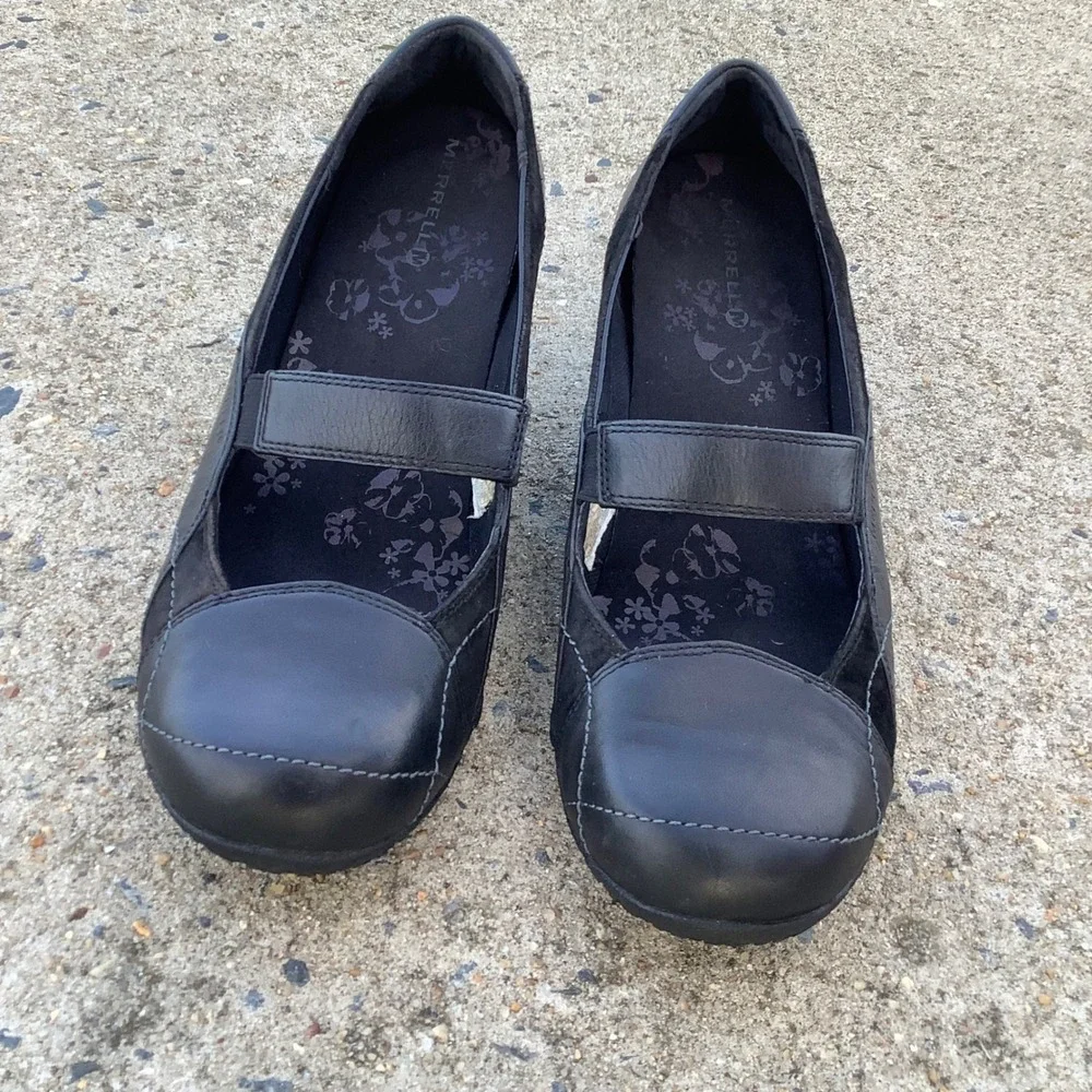 Merrell Orchid Black Leather Suede Mary Jane Wedge Shoes J46204 Vibram Womens 11